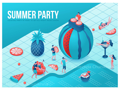 Summer party isometric illustration 3d fruit illustration isometric party people pool summer swimming pool turquoise vector