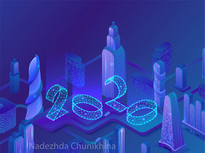 New year city illustration 2020 3d blue city design futuristic illustration isometric neon numbers skyscraper vector violet
