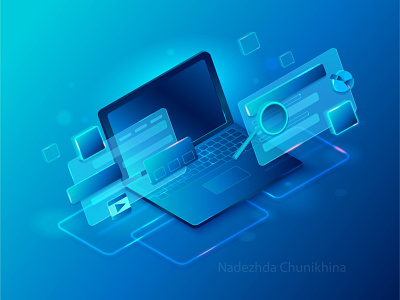 Computer screens 3d blue computer design effect illustration isometric laptop neon screen vector