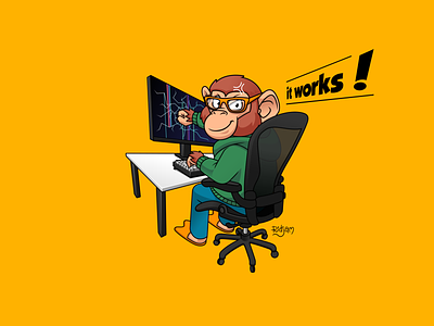 it works! broken cartoon character computer desk geek glasses illustration mascot monitor monkey process punch vector workflow workspace yellow