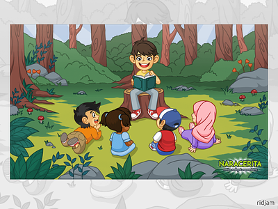 Illustration for frontpage naracerita book cartoon character class cute forest illustration learning mascot outdoor story storybook storytelling vector