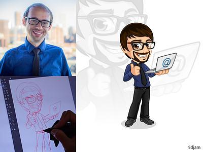 Mascot Design for Cold Pitch Academy business businessman cartoon character design geek glasses guy illustration laptop man mascot mascotlogo nerd people standing thumbs up thumbsup vector