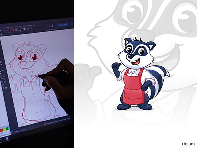 Raccoon Car Wash Mascot Design apron art car cartoon character design hands hips illustration mascot on raccoon sketch thumbs to up vector wash