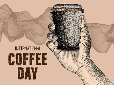 Hand drawn international coffee day with cup in hand