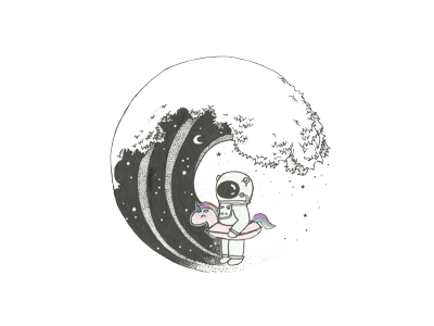 Rainbow wave black and white cute design illustration ink inkwork liner space spaceman tattoo unicorn wave
