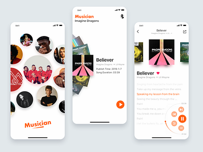 Music App app clean design mobile music music app orange phone player social song type typography ui ux white