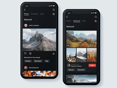 Photography App app black clean dark mode design mobile natural photo social type typography ui ux