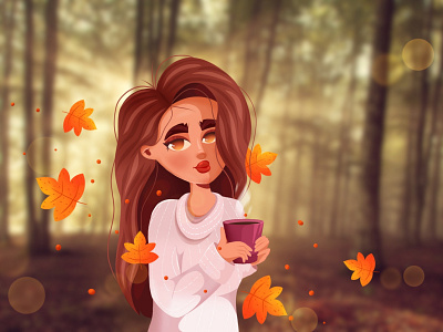 autumn autumn character characterdesign coffee cute design dribbble forest girl illustration leaf leafs pretty sunny warm woman