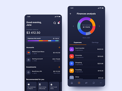 Banking mobile app — Home banking app banking dashboard dark ui digital wallet expenses finance finance app fintech minimalism mobile app money app ux