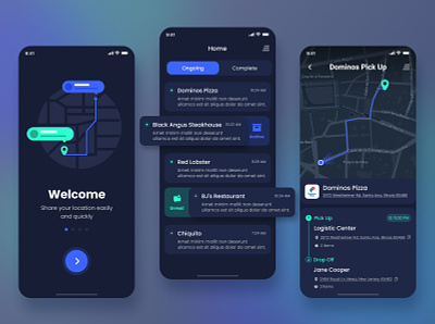 Logistic Delivery App app clean dark delivery icons interface map notifications onboarding road tracking ui ux