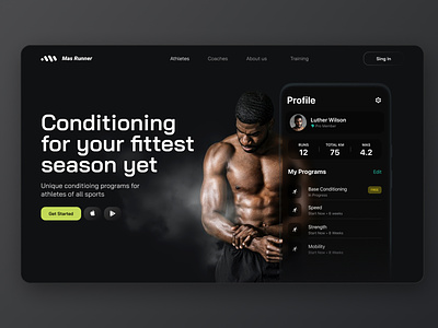 Mas Runner app website design app dark fitness hero hero image home page landing running sport ui ux website