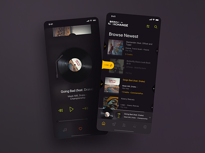 Music player app app audio dark music player playlist tabbar ui vinyl player