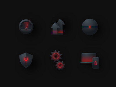 Icons for crypto currency website black black and red computer dark evil gears icons illustration iphone laptop light macbook shield speed style update