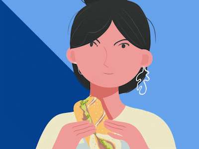 Fireworks for your taste buds 2d animation bite bread cel celebration character character animation design earrings eat fire hand drawn illustration sandwich woman works