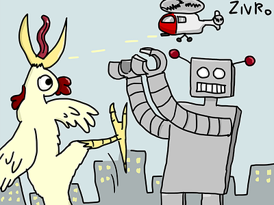 Robot Fights Bird cartoonish drawing monster fight