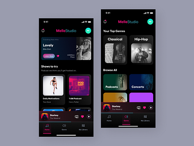Music Streaming Mobile App application artists dark mode dark theme design mobile app music music app music player music player app playlist songs spotify ui ux
