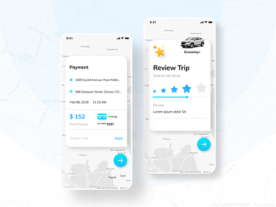 Taxi App - Payment & Review android booking card code design ios iphone location logo navigation payment rate review taxi taxi app theorem trip ui ux wallet