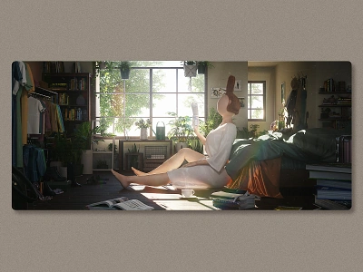 Yoyo leisurely reads novels 3d book c4d cg cloth girl ip render room sunshine