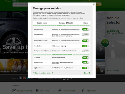 Cookies Management Variation 2 booking system cookies desktop e commerce product settings page ui ux