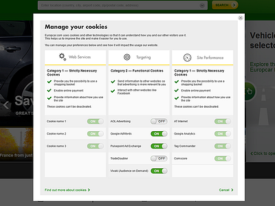 Cookies Management Variation 3 booking system cookies design desktop e commerce product settings settings page ui