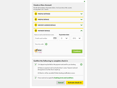 Let's create a new account booking system call to action check box check in credit card form desktop e commerce product tablet toggles type typogaphy ui ux web