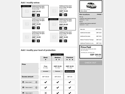 wireframe for extras, protection and tally booking system comparison design desktop e commerce grid construction price product selections tally ux web wireframe