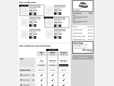 wireframe for extras, protection and tally