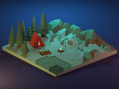 Long Hikes and Summer Nights 3d adventure aesthetic b3d blender camping design illustration isometric low poly neon