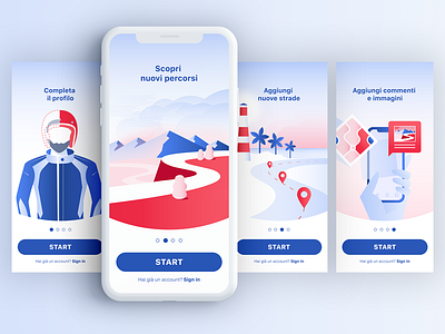 Rider App // Onboarding illustrations gradient illustration map mobile app moto onboarding onboarding cards riders roads routes