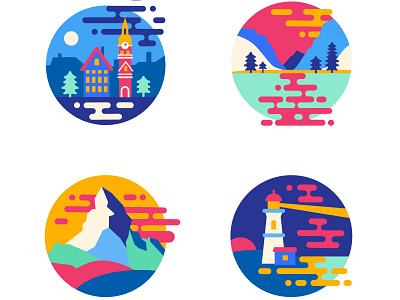 Four landscapes bold bright circle design lake mountain nature set sign town vector