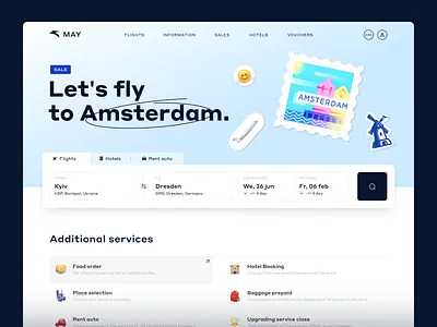 Flight Booking website amsterdam booking contrast design emoji flight fly homepage landingpage minimal plane postmark stickers ticket tourism travel typography ui ux web