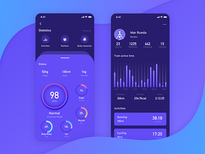 fitness app applicaiton black blue body building body measure card dashboard data data analysis e commerce exercise fitness sports design ui