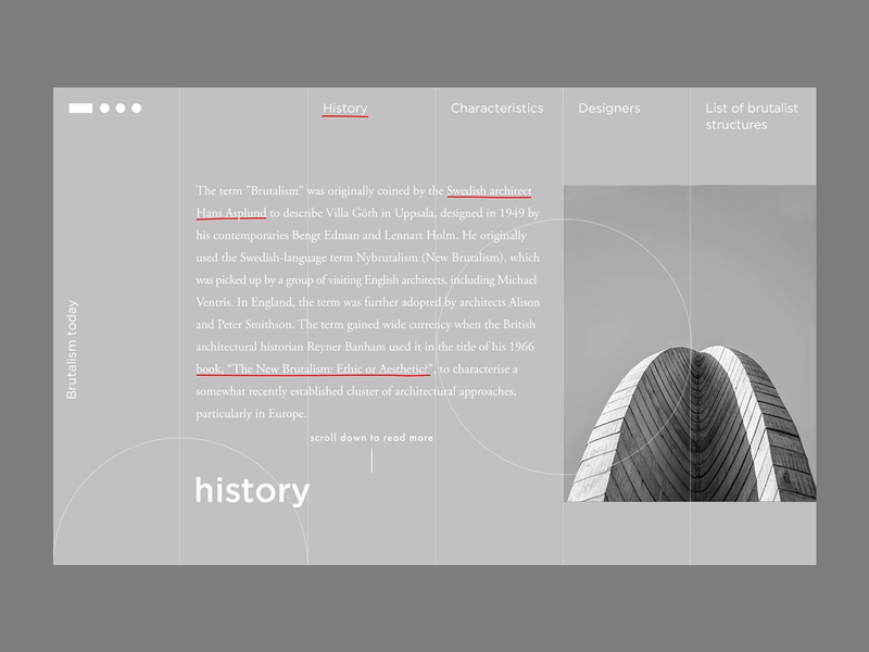 Brutalism site concept. History page anim animation architechture concept design grid inspiration site ui