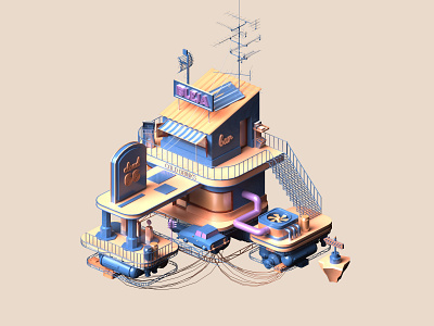Stylized 3D Illustration of a Space Coffee Bar