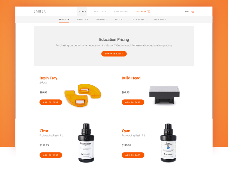 Autodesk Ember 3D Printer Store 3d printing shopping browse ecommerce white minimal orange ember autdesk