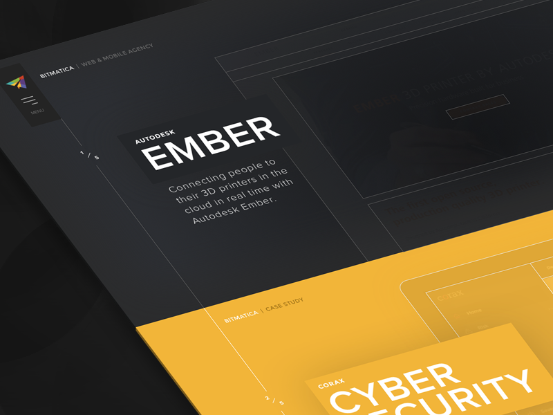 Bitmatica | Homepage clean minimal gold black dark wireframe page landing