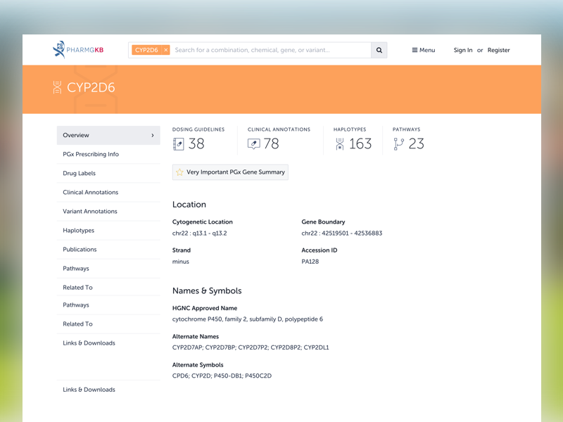Stanford PharmGKB Gene Page app web minimal white medicine pharmacogenomics stanford