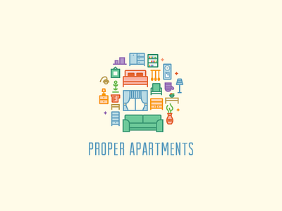 Proper Apartments apartment bookshelf chair clock couch furniture illustration lamp line logo mark window