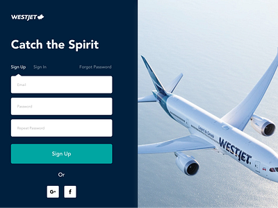 WestJet Onboarding Page daily ui challenge dailyui design fields motion design onboarding screen onboarding ui plane sign in sign in page sign up sign up form sign up ui split screen the spirit ui ui beginner web westjet