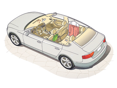 Car Cutaway interior cutaway line driving car vector color illustration