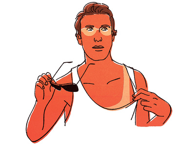 Burned beach man sunglasses summer vector line color editorial illustration