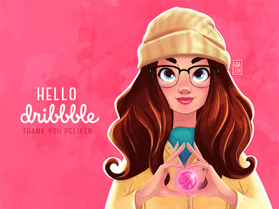 HELLO dribbble! art debut first girl illustration invite portrait selfie shot