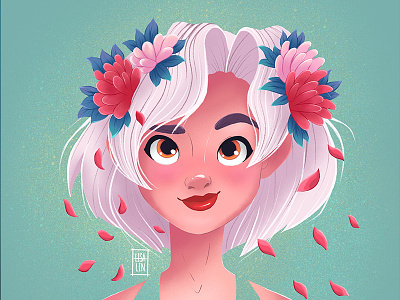 Beauty with pink flowers. Character Design. iPad Pro + Procreate
