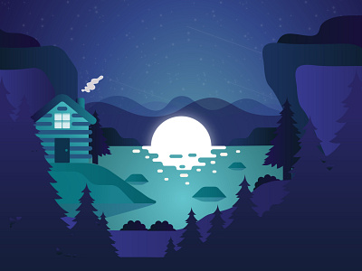 Evening Moon cabin design doodle illustration lake moon moonlight moonshine relaxing woods