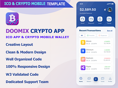 Doomix - ICO App & Crypto Wallet Mobile Template blochchain app blockchain wallet crypto app crypto exchange crypto ico crypto wallet cryptocurrency digital currency ico ico app mining app