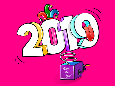 Happy New Year! (2019) 2019 arlequin art box box art creative design dribbble happy new year hat illustration inspiration second shot surprise tongue