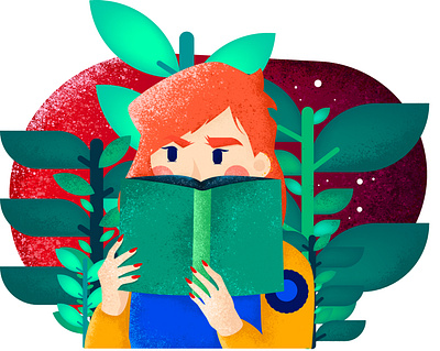 Book book character girl green nature plants thinking unsure