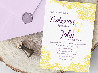 Wedding Invitation invitation lace purple wedding yellow