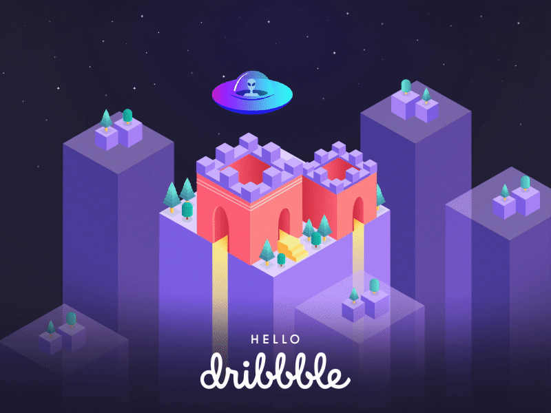 Hello From The Outer Ring alien animation castle debut flying saucer galaxy gif illustration isometric ovni ufo univers