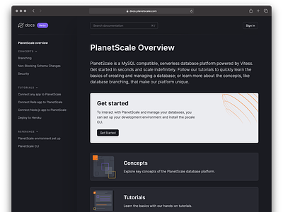 PlanetScale Documentation Overview Screen documentation web